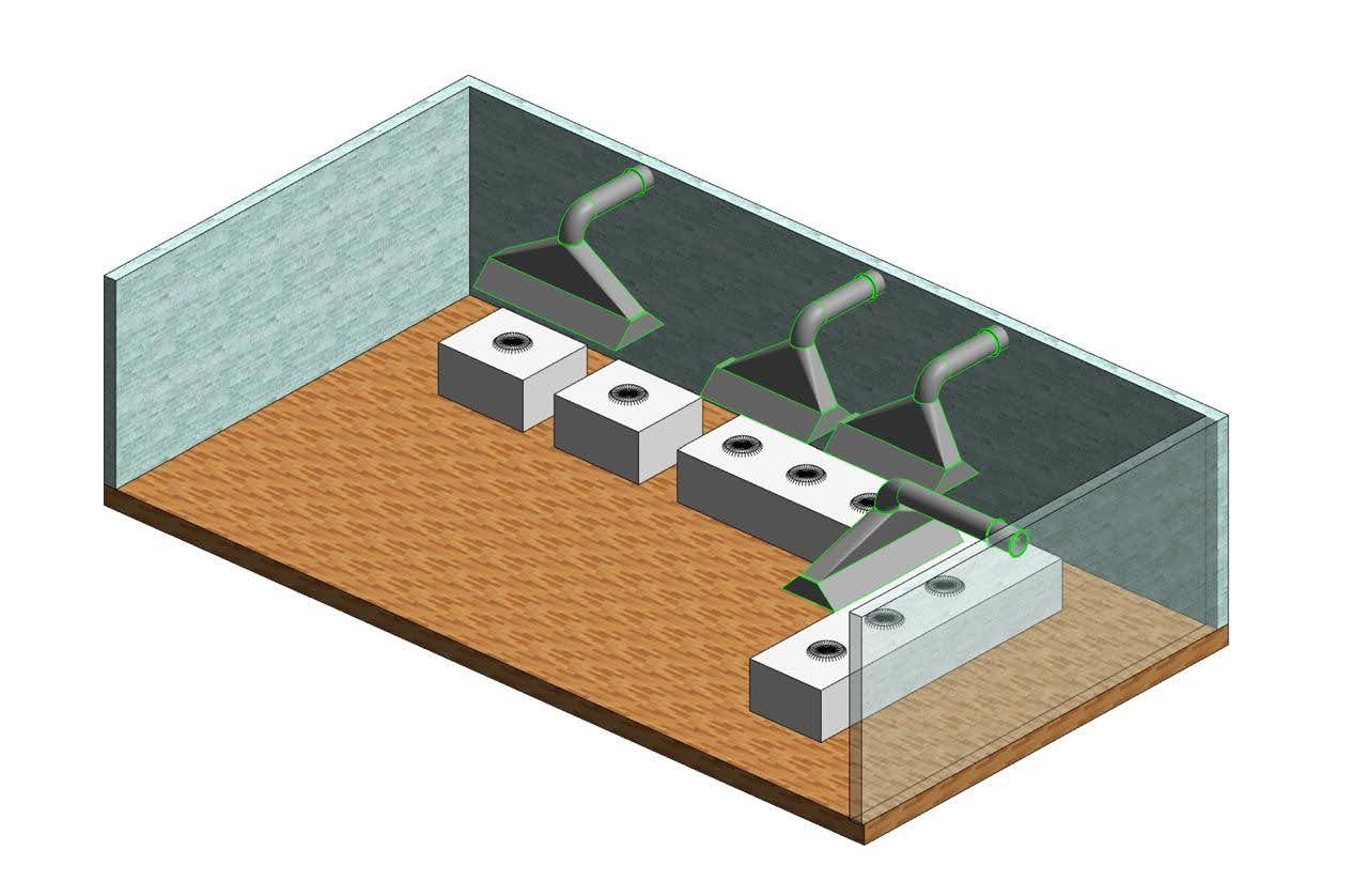 Three-dimensional layout drawing of a commercial kitchen ventilation system with hoods and ducts
